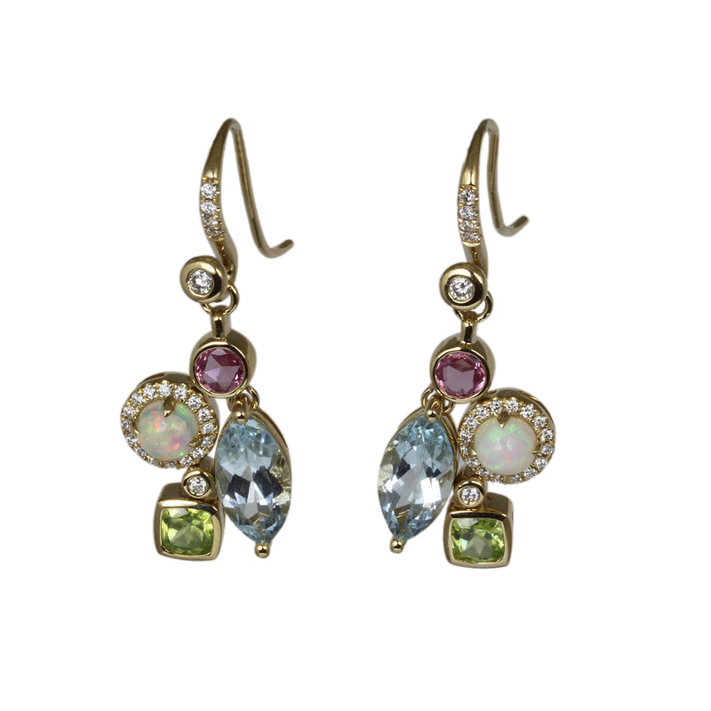 14k Gold Multi Gemstone Drop Earrings