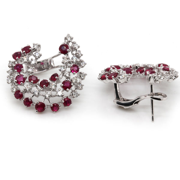 14k Gold Diamond & Ruby Crescent Omega Back Earrings