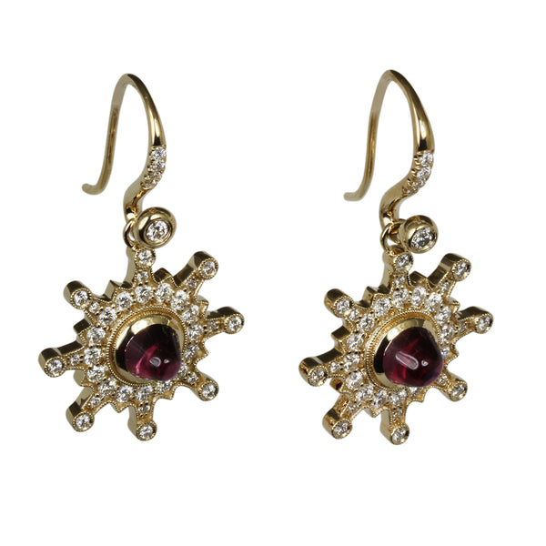 14k Gold Starburst Rhodolite & Diamond Drop Earrings