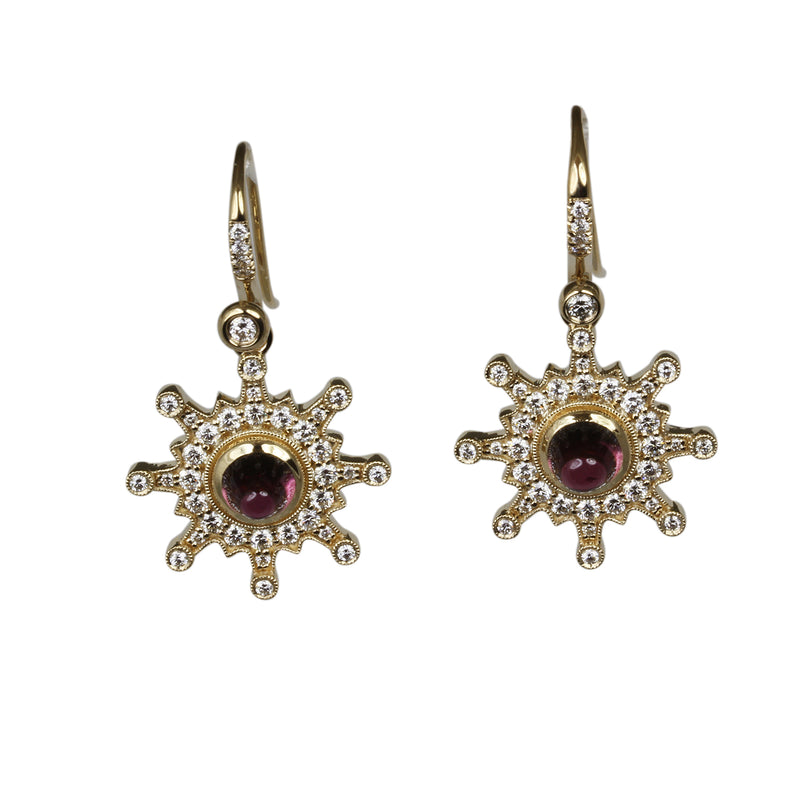 14k Gold Starburst Rhodolite & Diamond Drop Earrings