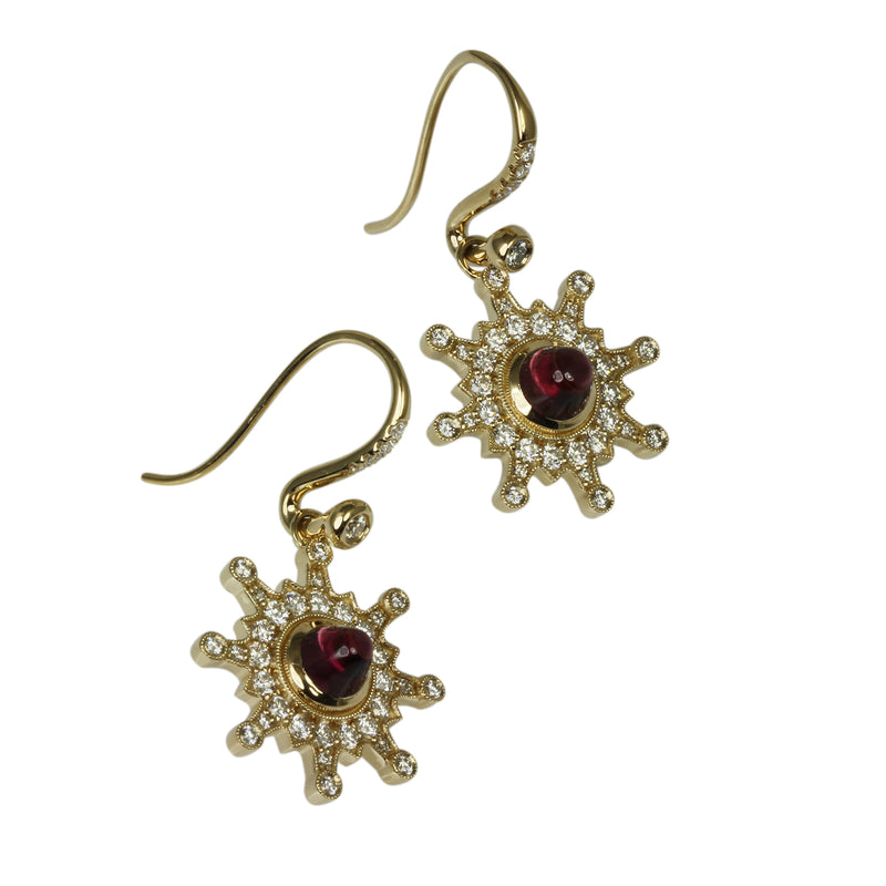 14k Gold Starburst Rhodolite & Diamond Drop Earrings