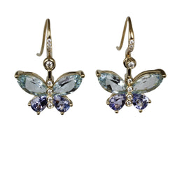 14k Gold Aquamarine & Tanzanite Butterfly Drop Earrings