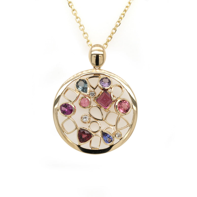 14k Gold Multi-gemstone mosaic Pendant Necklace