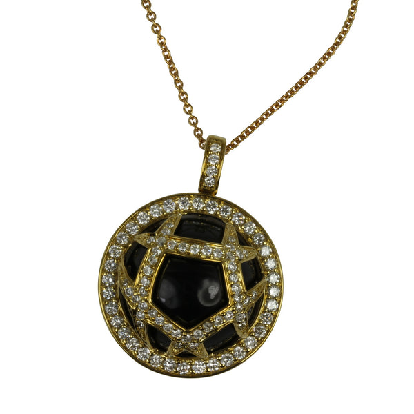 18k Gold 13/16'' Black Onyx & Diamond Dome Pendant Necklace