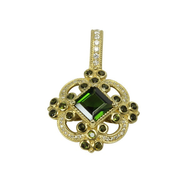 14k Gold Green Tourmaline & Diamond Pendant Necklace