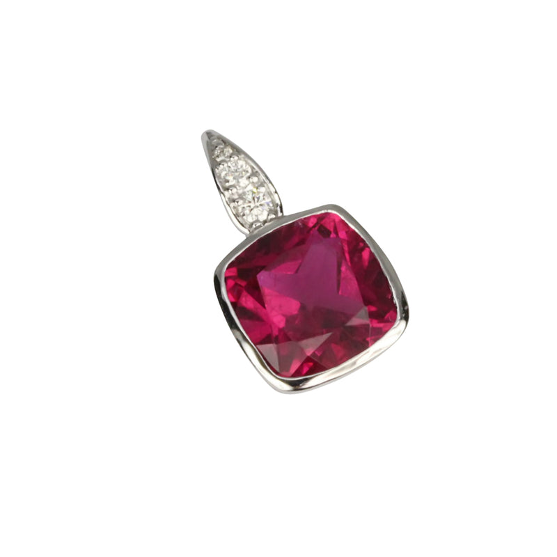 14k Gold Cushion Rubellite & Diamond Pendant Necklace