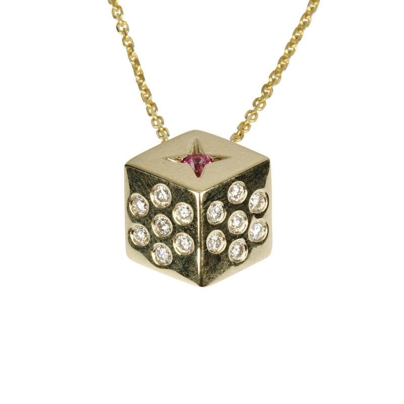 14k Gold Pink Sapphire & Diamond Cube Pendant Necklace