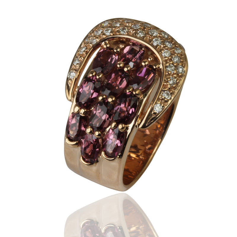 14k Gold Rhodolite & Diamond Buckle Ring