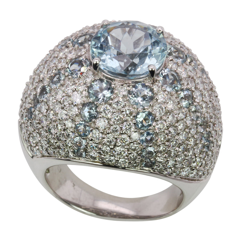 14k White Gold Aquamarine & Diamond Starburst Dome Cocktail Ring