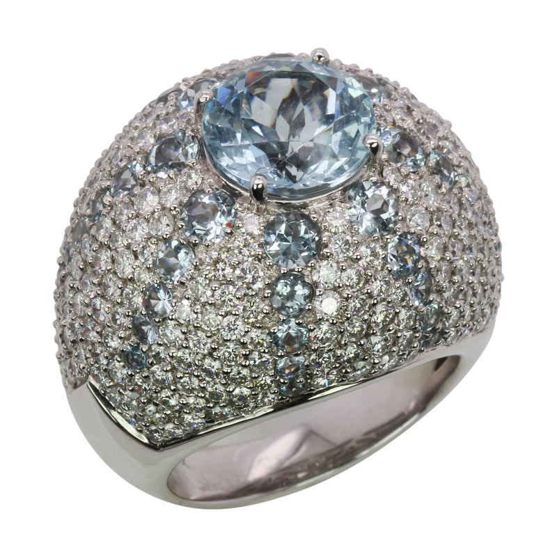 14k White Gold Aquamarine & Diamond Starburst Dome Cocktail Ring