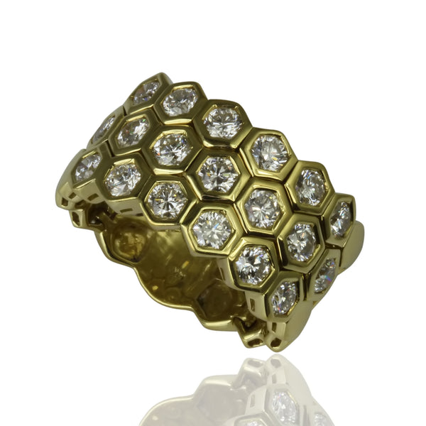 18k Gold Diamond Honey Comb 3 Row Flex Bezel Ring