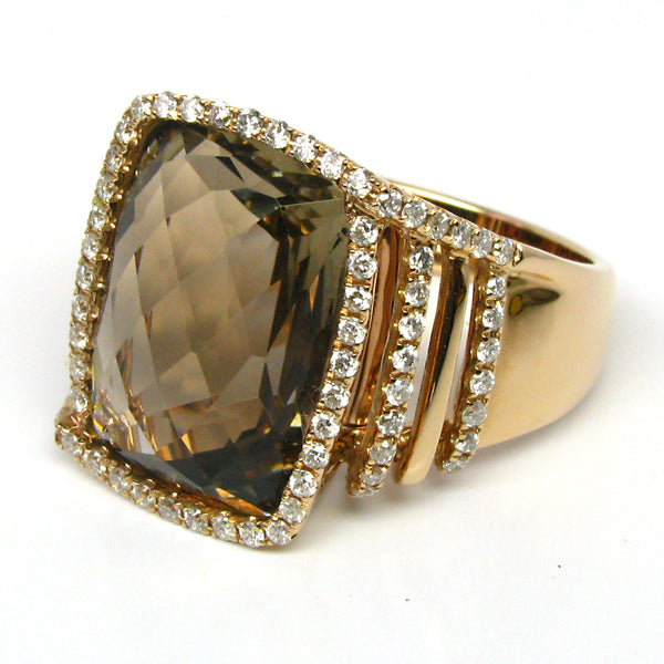 18k Gold Cushion Smokey Quartz & Diamond Ring