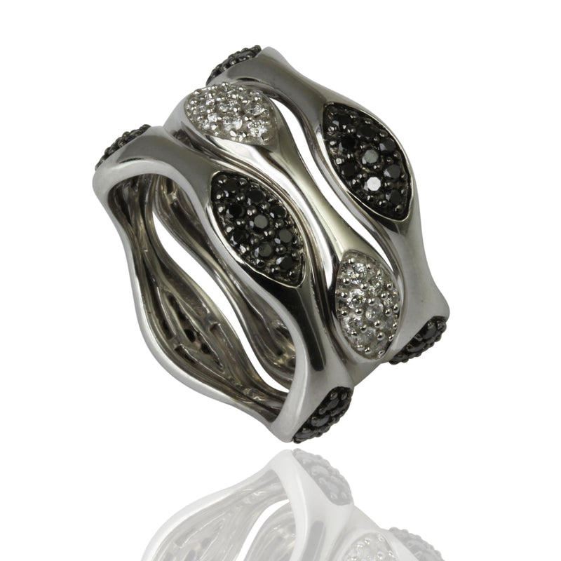 14k Gold Black & White Diamond Ring Trio