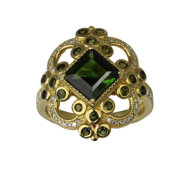 14k Gold Green Tourmaline & Diamond Shield Ring