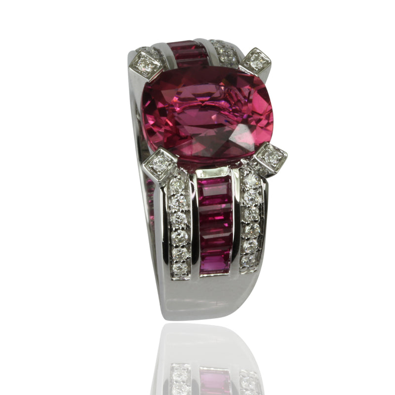 18k Gold Pink Tourmaline, Ruby & Diamond Ring