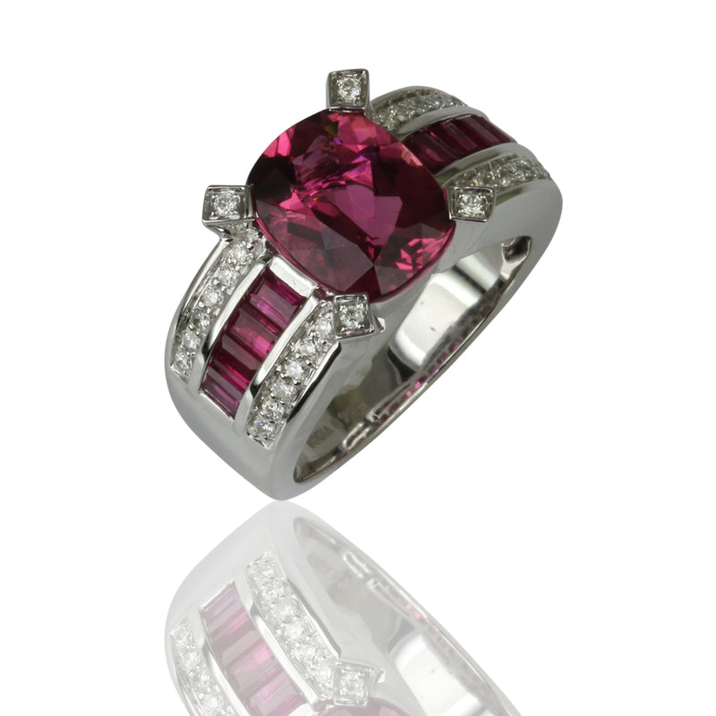 18k Gold Pink Tourmaline, Ruby & Diamond Ring