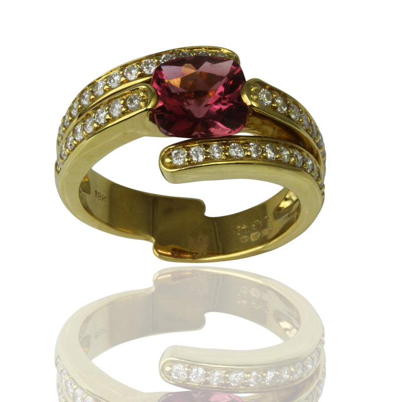 18k Gold Cushion Pink Tourmaline & Diamond Ring