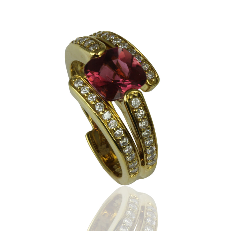 18k Gold Cushion Pink Tourmaline & Diamond Ring