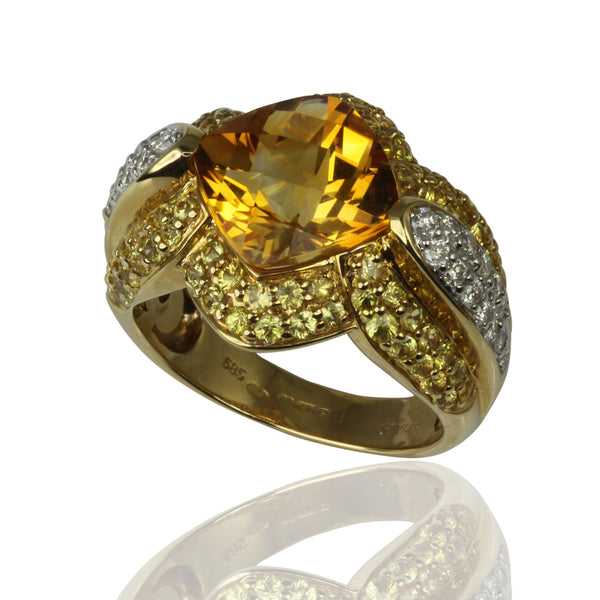 18k Gold Citrine, Yellow Sapphire & Diamond Ring