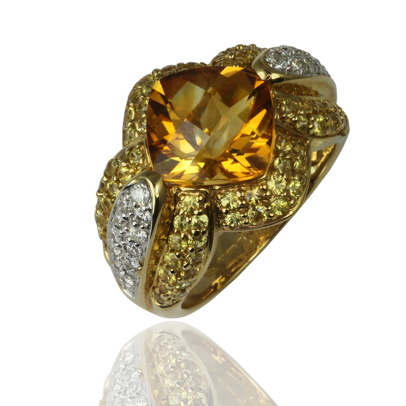 18k Gold Citrine, Yellow Sapphire & Diamond Ring