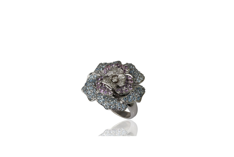 18k Gold Aquamarine & Violet Sapphire Rose Ring