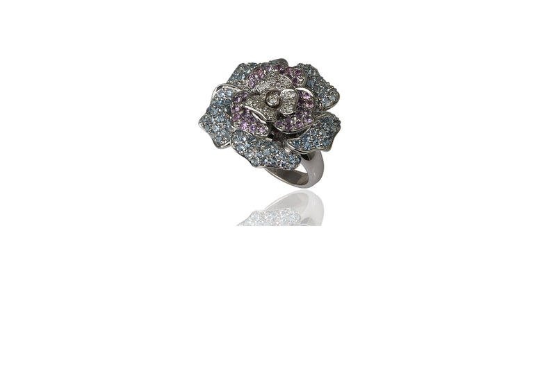 18k Gold Aquamarine & Violet Sapphire Rose Ring