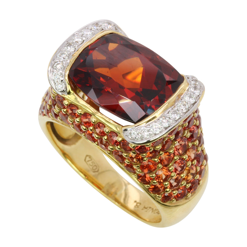 18k Yellow Gold Spessartite, Orange Sapphire & Diamond Cocktail Ring