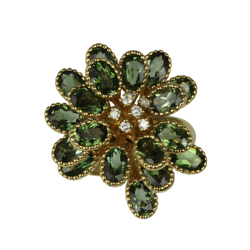 14k Gold Green Tourmaline & Diamond Flower Ring