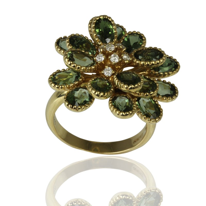 14k Gold Green Tourmaline & Diamond Flower Ring