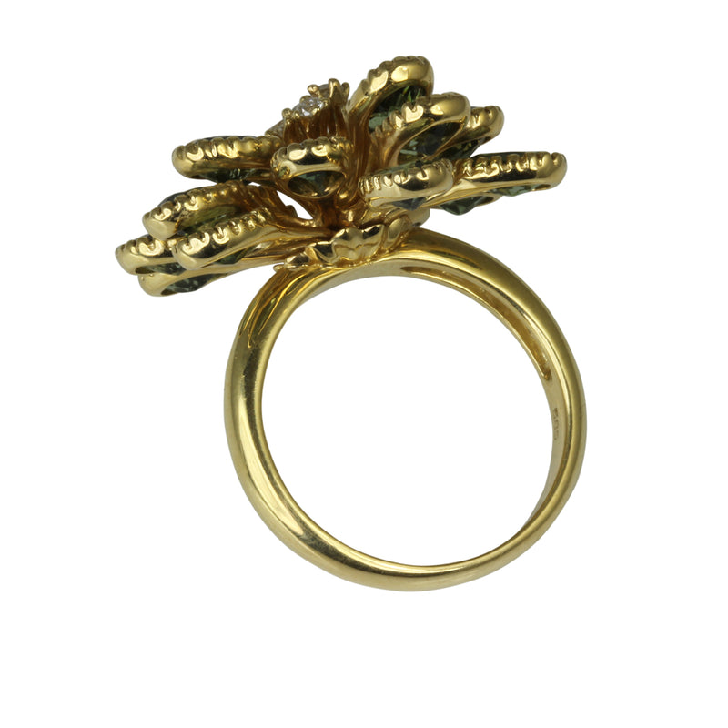 14k Gold Green Tourmaline & Diamond Flower Ring