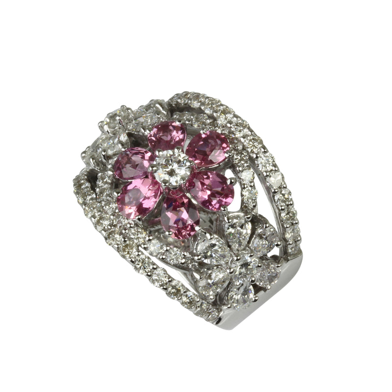 18k Gold Pink Sapphire & Diamond Flower Ring