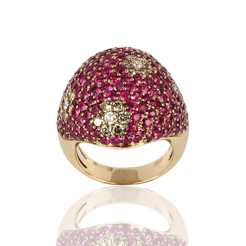 18k Gold Pink Sapphire & Diamond Speckled Flower Dome Ring