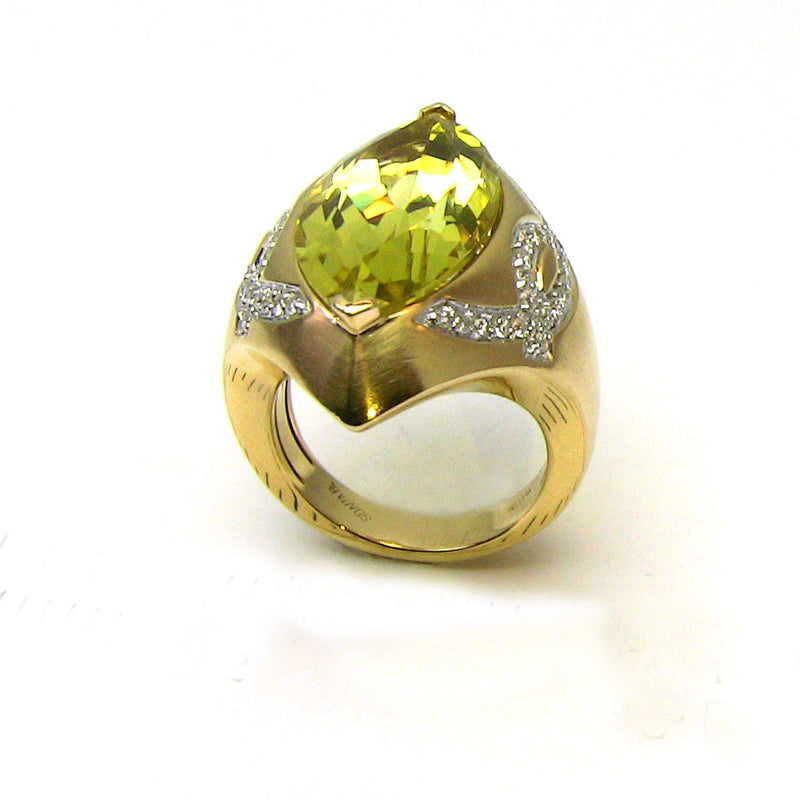 14k Gold Sharp Marquise Lemon Quartz & Diamond Ring