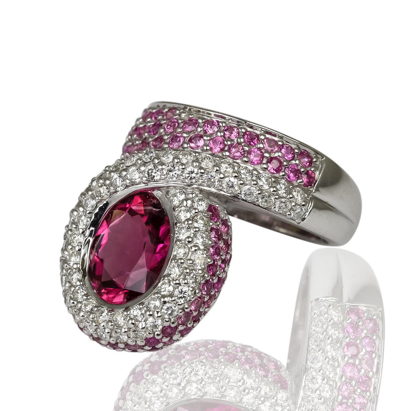 18k Gold Pink Tourmaline, Pink Sapphire & Diamond Ring