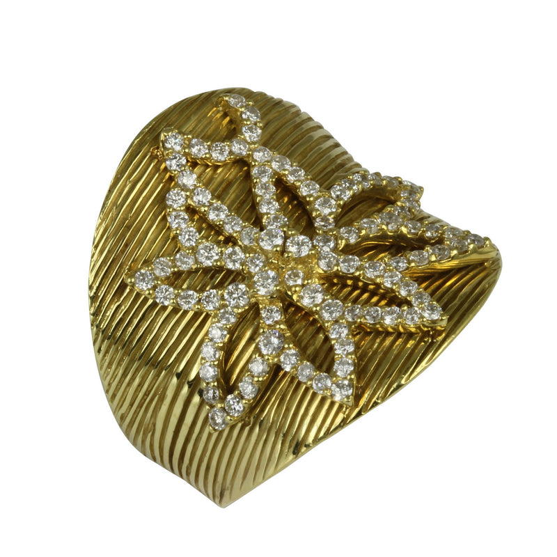 18k Gold Textured Flower Ribbed Texture Diamond Ring