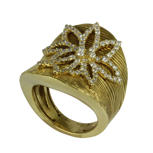 18k Gold Textured Flower Ribbed Texture Diamond Ring