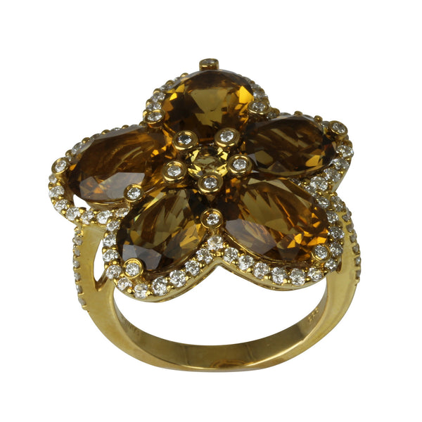 14k Gold Champagne Quartz & Diamond Flower Ring