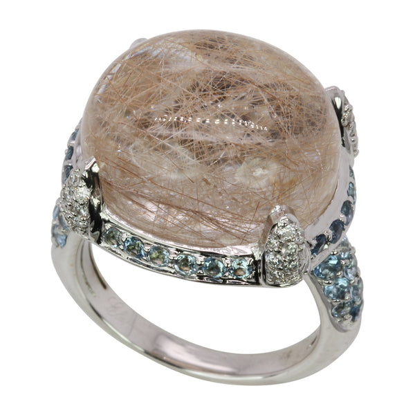 18k Gold Rutilated Quartz, Aquamarine & Diamond Ring