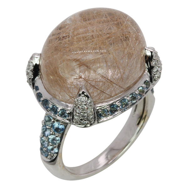 18k Gold Rutilated Quartz, Aquamarine & Diamond Ring