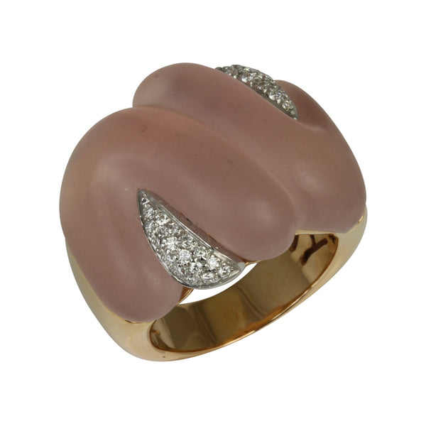 18k Gold Rose Quartz Carving & Diamond Ring