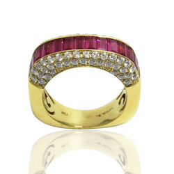 18k Gold Ruby Baguette & Diamond Square Ring