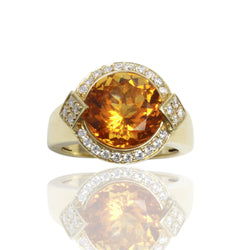 14k Gold Large Round Citrine & Diamond Ring