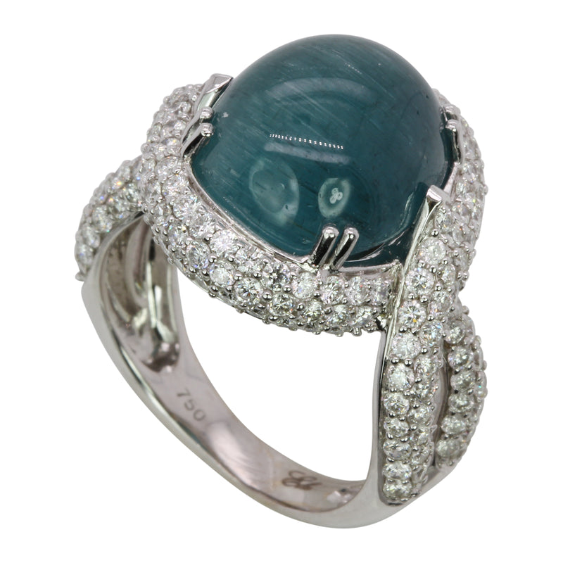 18k Gold Teal Tourmaline Cabochon & VS Diamond Ring