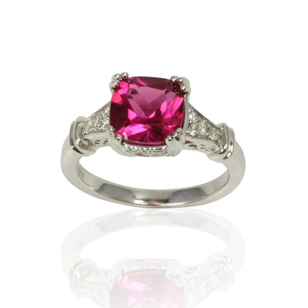 14k Gold Rubellite Cushion & Diamond Ring