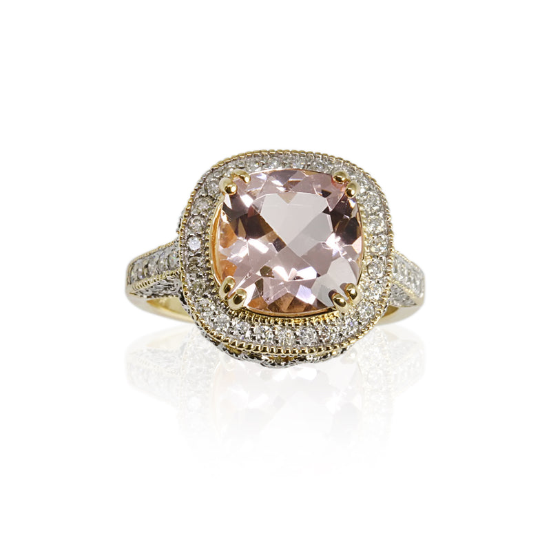 18k Gold Cushion Morganite & Diamond Ring