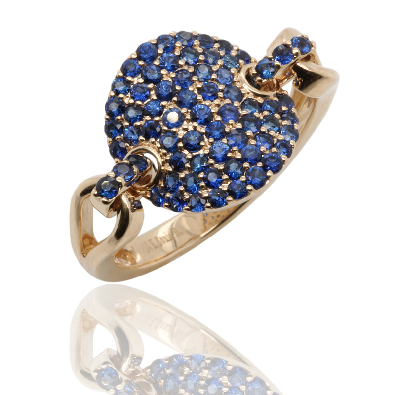 14k Gold & Blue Sapphire Pave Disk Link Ring