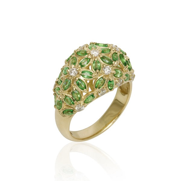 14k Gold Tsavorite & Diamond High Dome Ring