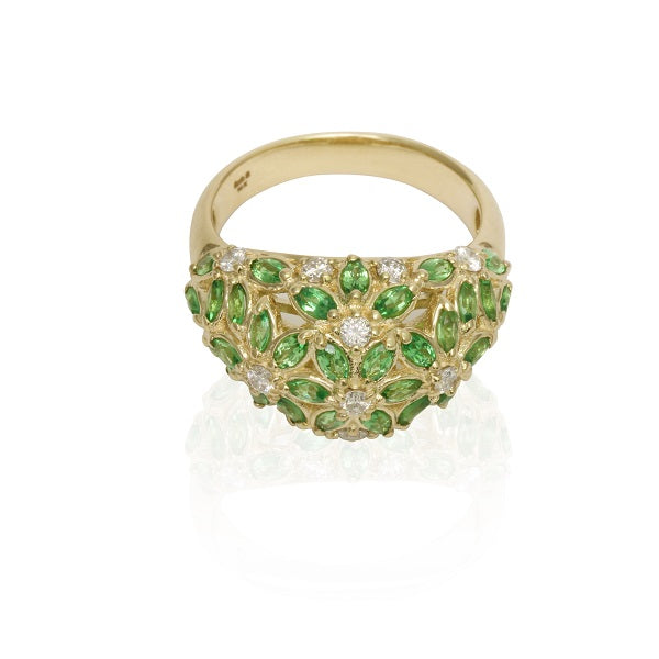 14k Gold Tsavorite & Diamond High Dome Ring