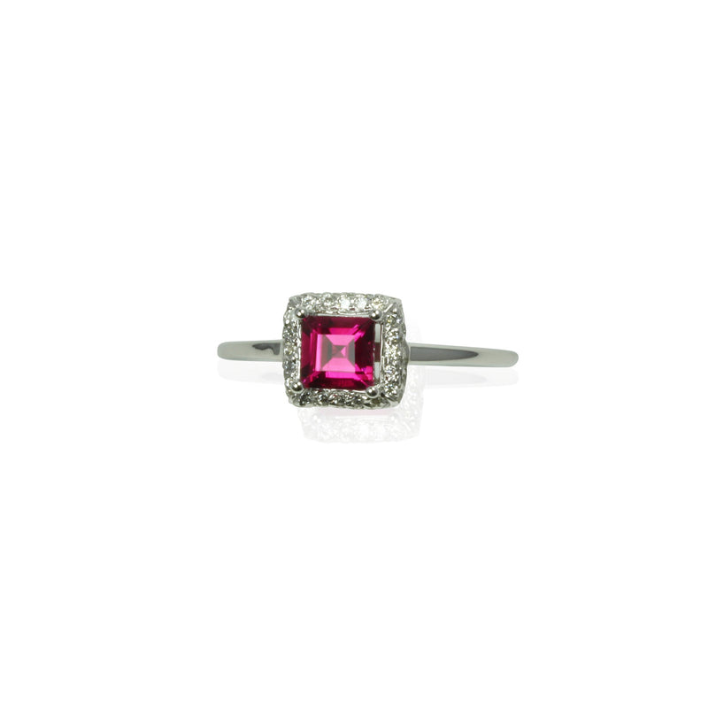 14k Gold Princess Cut Rubellite & Diamond Ring