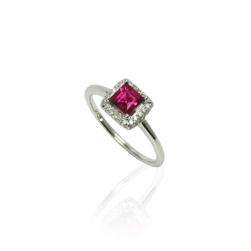 14k Gold Princess Cut Rubellite & Diamond Ring